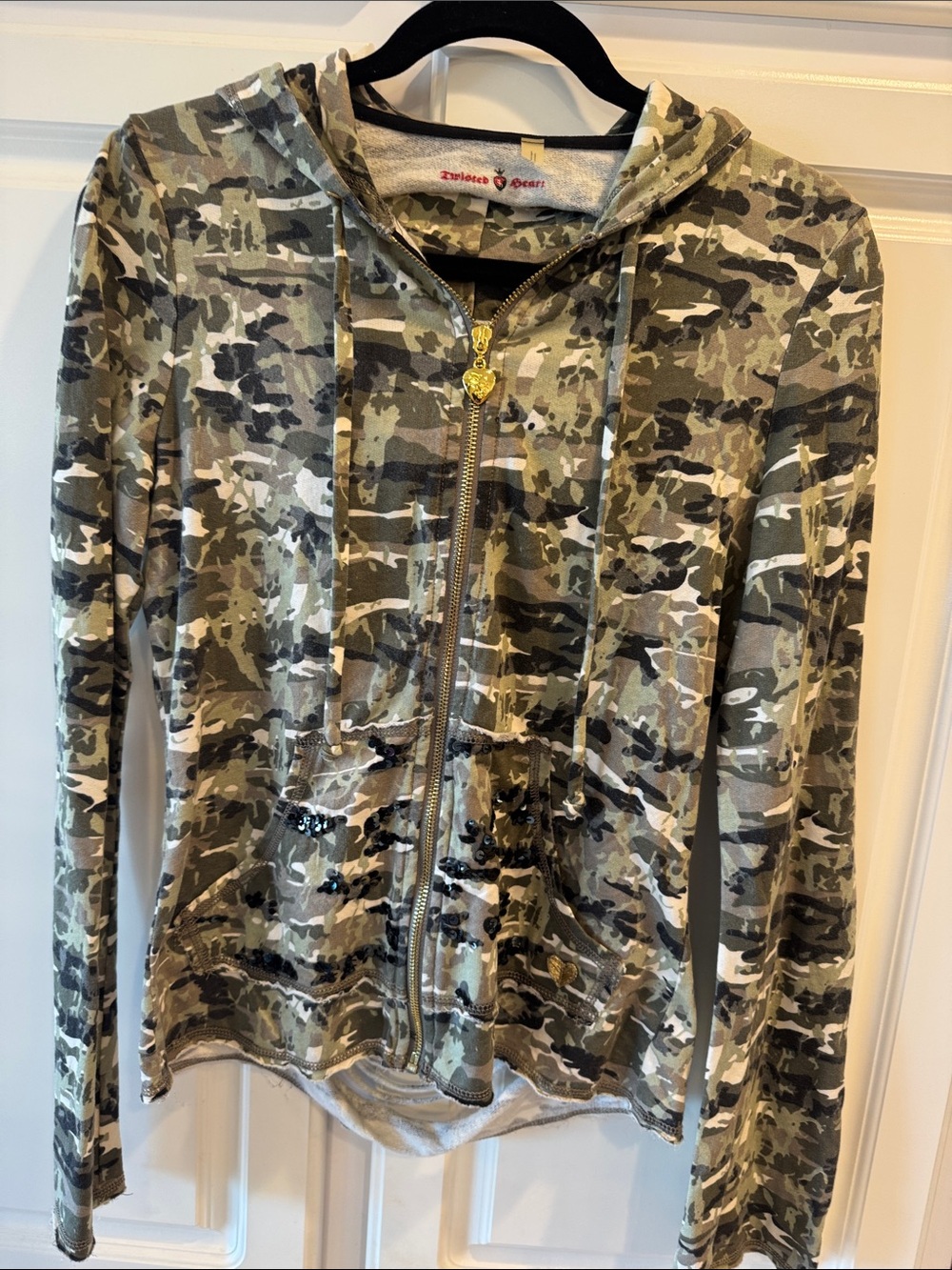 TWISTED HEART Green Camouflage Zip Hoodie with Sequin Accent
